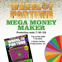 Wheel of Fortune Mega Money Maker. Promotion ends 7/30/24 Top prize odds 1:112000. 