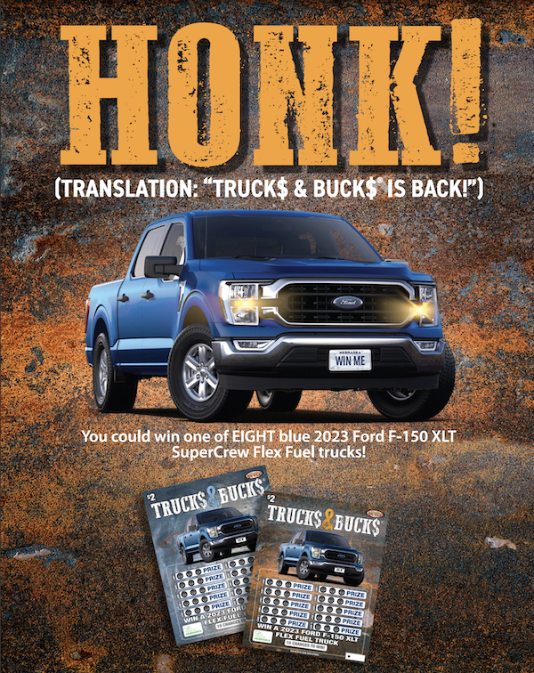 HONK! (Translation: Truck$ & Buck$ is Back!) You could wine one for EIGHT blue 2023 Ford F-150 XLT SuperCrew Flex Fuel Trucks!