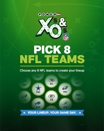 Green promotional image for Powerball's X's & O's NFL game. Instructions read: "Pick 8 NFL Teams." Logos of several NFL teams are displayed, including the Detroit Lions, Dallas Cowboys, Kansas City Chiefs, Philadelphia Eagles, Buffalo Bills, and Miami Dolphins. Text at the bottom states: "Your Lineup, Your Game Day."