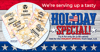 A promotional image features a plate with various lottery tickets. The background has a red, white, and blue theme with stars, and text promoting a "Holiday Special" from September 4-8, offering a $5 value for $4.